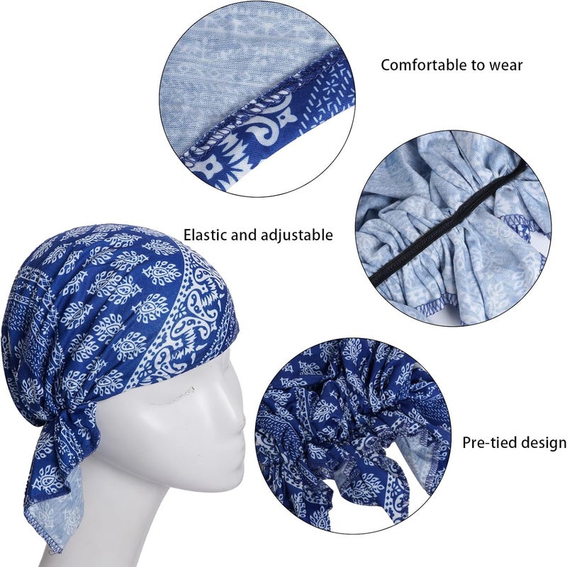 Sucrain 4pcs Pre-Tied Chemo Head Scarf Beanie Covers Cap Head Scarves Sleep Turban Hat Women Bandana with Stretch Print Ruffle - Image 3